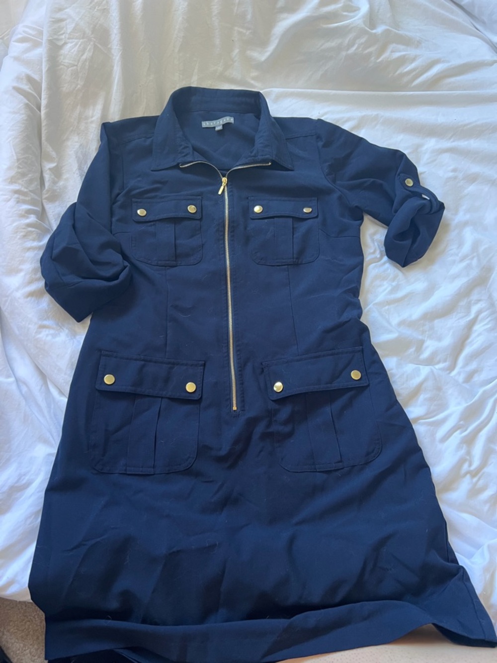 Sharagano Navy Blue Zip-Front Midi Dress